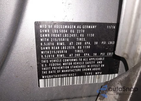 2017 Volkswagen Tiguan 2.0T/2.0T S z USA, uszkodzony, nr VIN WVGBV7AX0HK016421